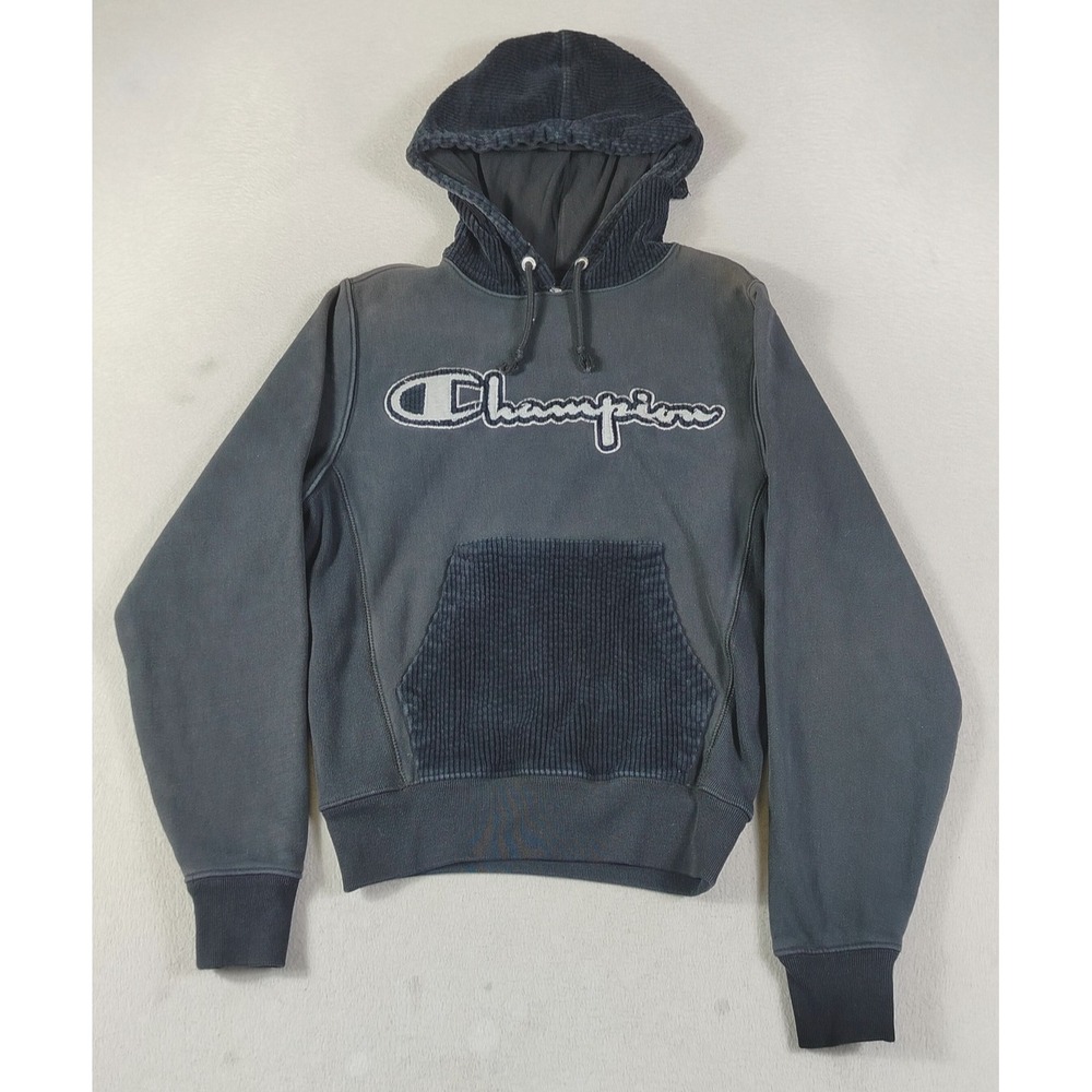 Champion Hoodie Sweatshirt Mens XS Black Corduroy Pocket Chenille Logo Fleece